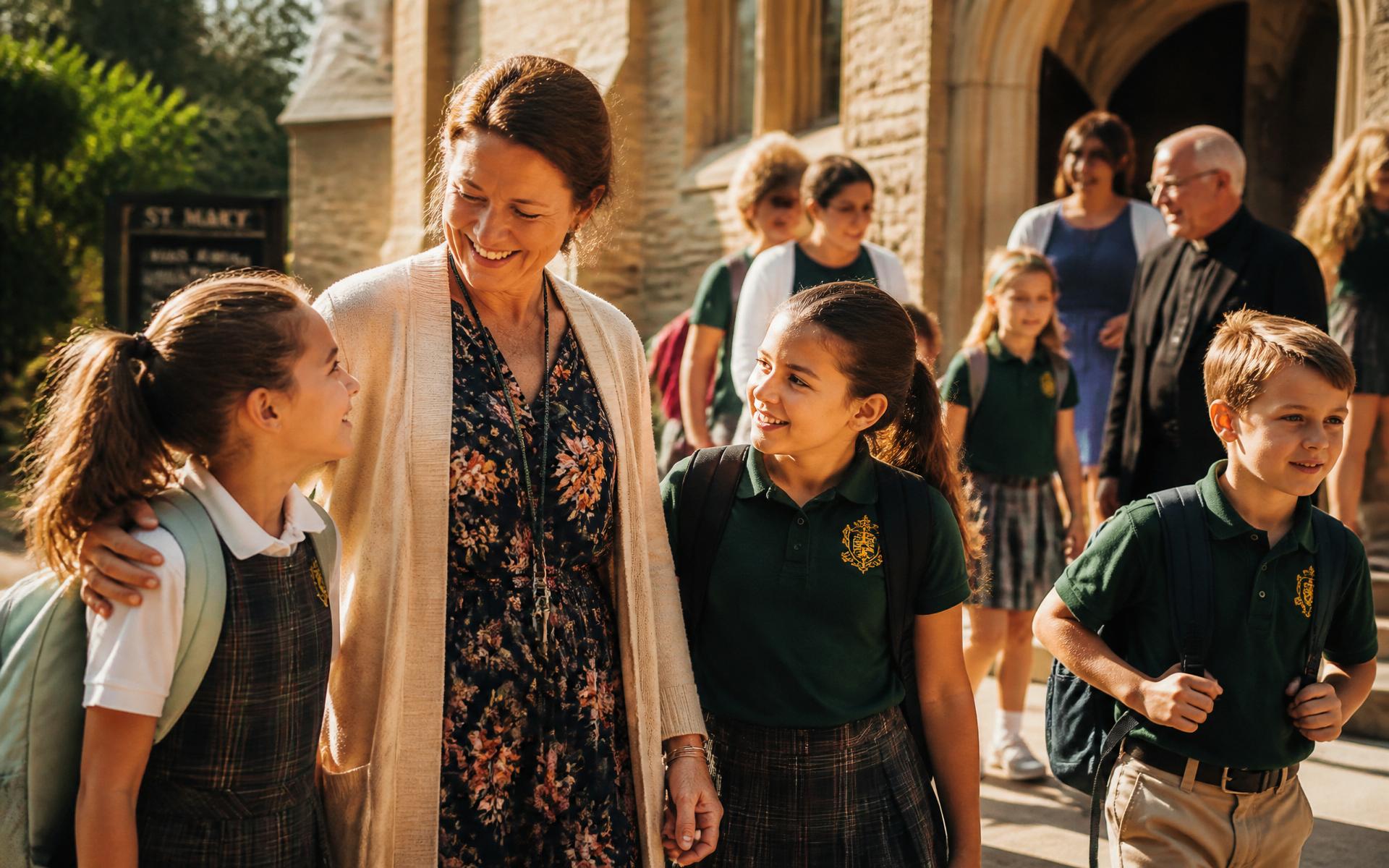 A teacher walks with students outside a stone church on a sunny afternoon, greeting one another as a community.