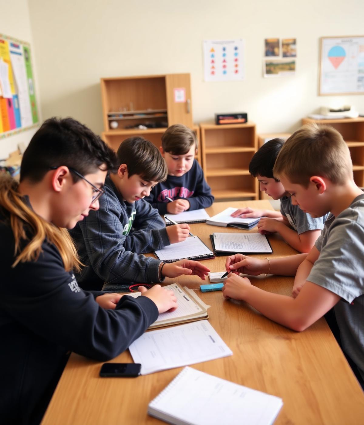 Middle school students collaborate around a table on a hands-on academic project.