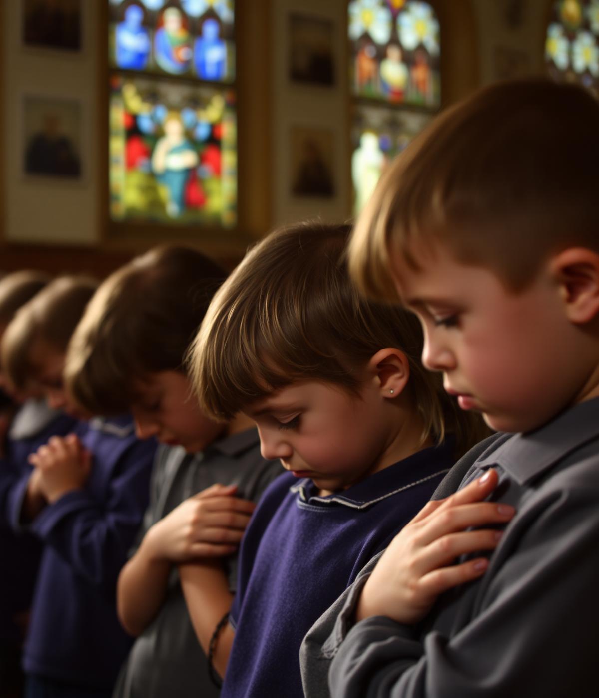 Catholic school children stand with heads bowed and hands folded in reverent prayer.