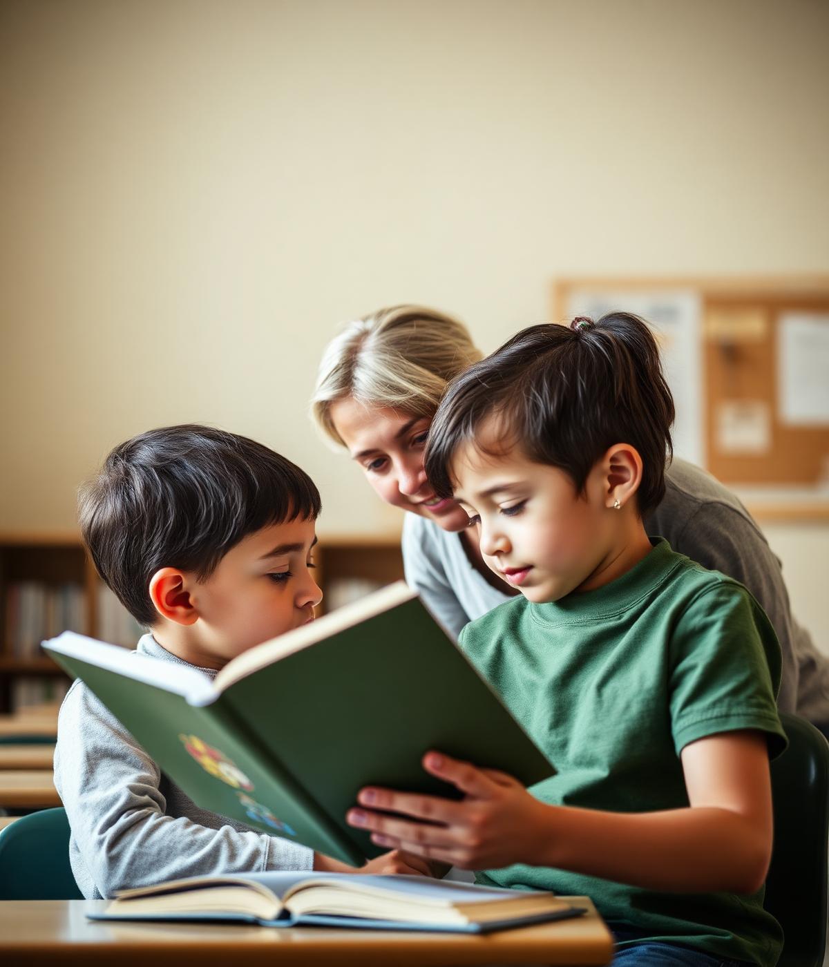 A teacher and two students share a book together in a bright, warm classroom.